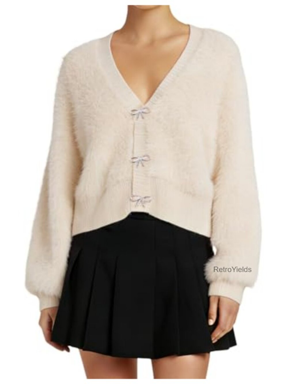 Fuzzy Mohair Cropped Cardigan V-Neck Detachable Bow Brooch